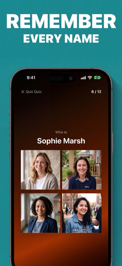 FaceFlash multiple-choice quiz asking Who is Sophie Marsh with four face options