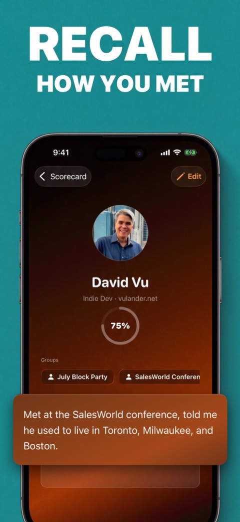 FaceFlash contact detail screen with memory notes about how you met